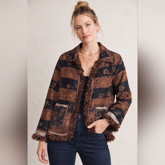 Vintage Jackets & Blazers - Women's Vintage Boho Brown Fringed Blazer Floral Stripe Espresso Brown Black M